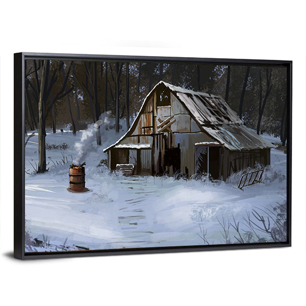 Small Cottage House In The Winter Forest Canvas Wall Art