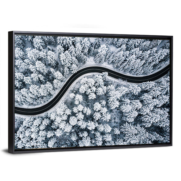 Curvy Windy Road In Snow Covered Forest Canvas Wall Art