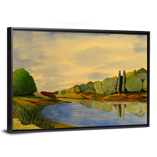 Golden River Bend Watercolor Canvas Wall Art