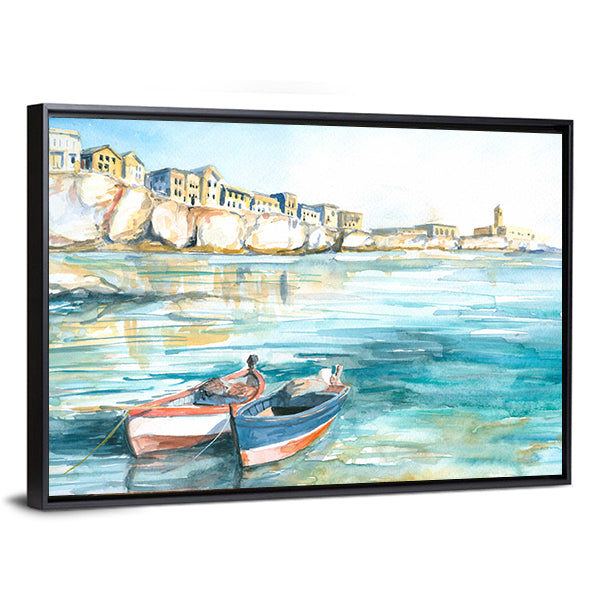 Two Rowboats in Sunny Coastal Watercolor Canvas Wall Art
