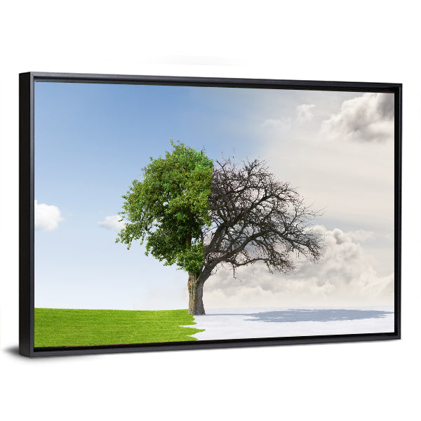Tree Split Between Summer and Winter Canvas Wall Art