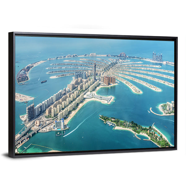 Aerial View of Palm Jumeirah, Dubai Canvas Wall Art in white, beige and blue, framed canvas, product view on a white background