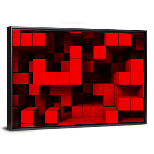 3d Red Cubes Abstract Canvas Wall Art in black and red, framed canvas, product view on a white background