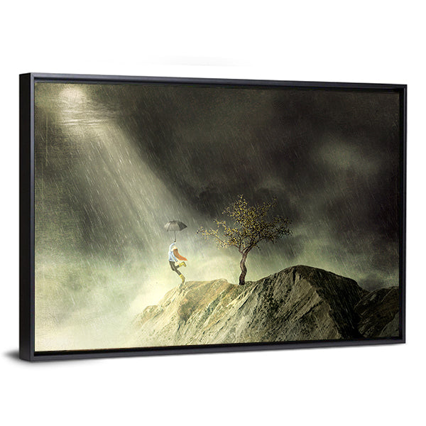 Person with Umbrella on Rainy Cliff Canvas Wall Art in gray, yellow and green, framed canvas, product view on a white background