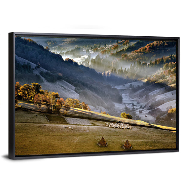 Shepherd With Sheep Heard In The Mountains Of Romania Canvas Wall Art