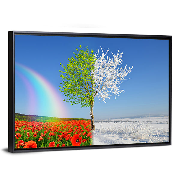 Split-season Tree with Poppies and Snow Canvas Wall Art