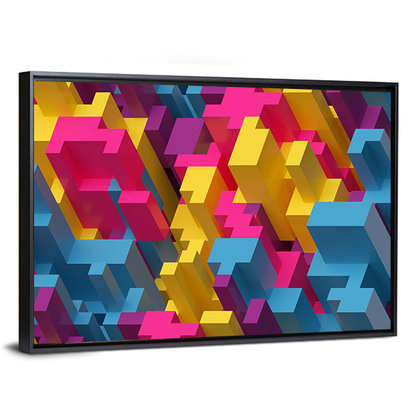 3d Geometric Blocks Digital Illustration Canvas Wall Art in yellow, blue and pink, framed canvas, product view on a white background