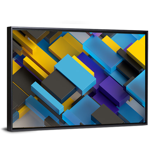 Layered Brick Pattern Canvas Wall Art in black, yellow and blue, framed canvas, product view on a white background