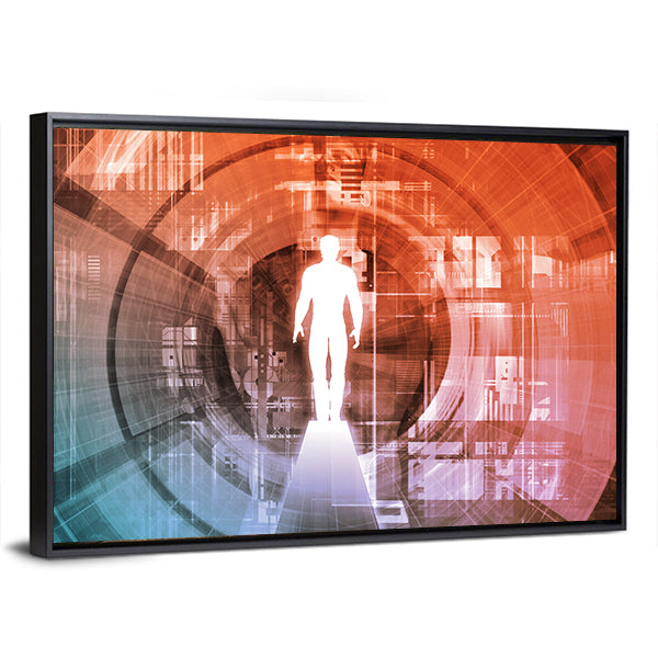 Technology Gateway with Glowing White Figure Canvas Wall Art in white, orange and blue, framed print, product view on a white background