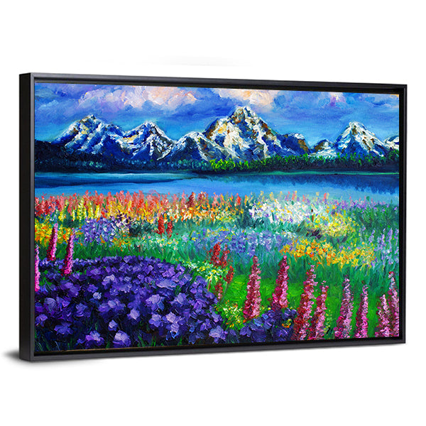 Spring Mountain Lake Canvas Wall Art in green, blue and purple, framed canvas, product view on a white background
