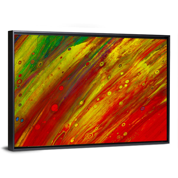 Red and Yellow Fluid Abstract Canvas Wall Art in red, yellow and green, framed canvas, product view on a white background