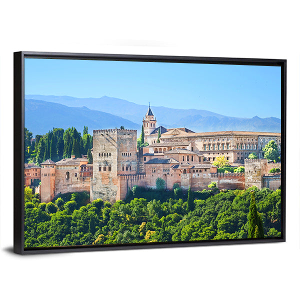 Alhambra Palace Complex In Spain Canvas Wall Art in beige, green and blue, framed canvas, product view on a white background