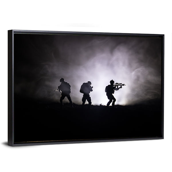 Military Soldier Silhouette With Gun Canvas Wall Art