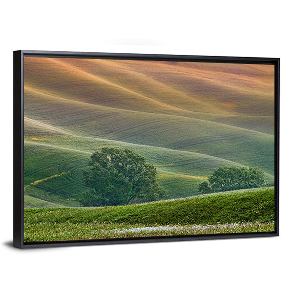 Tuscany Rolling Hills at Golden Hour Canvas Wall Art in orange, yellow and green, framed canvas, product view on a white background
