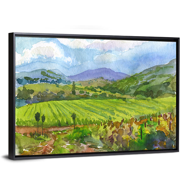 Watercolor Countryside Vineyard Canvas Wall Art