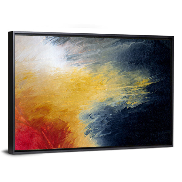 Solar Flare Nebula Abstract Canvas Wall Art in orange, yellow and blue, framed canvas, product view on a white background