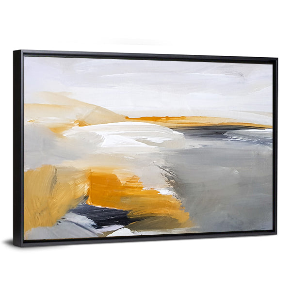 Flowing River Artwork Canvas Wall Art in white, gray and yellow, framed canvas, product view on a white background