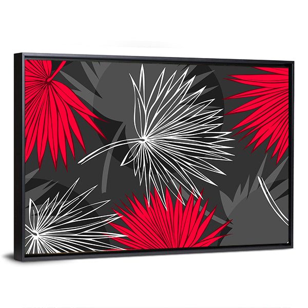 Red and Gray Palm Leaf Pattern Canvas Wall Art in white, gray and red, framed canvas, product view on a white background
