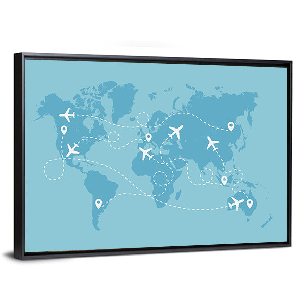 Airplane Travel Route On World Map Canvas Wall Art