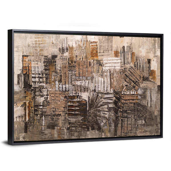 Old House Bricks Pattern Canvas Wall Art in gray, beige and brown, framed canvas, product view on a white background