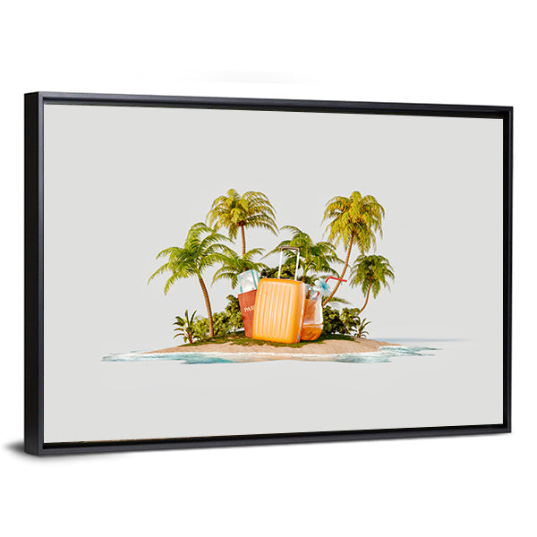 Tropical Island with Bright Orange Suitcase Canvas Wall Art in white, orange and green, framed canvas, product view on a white background