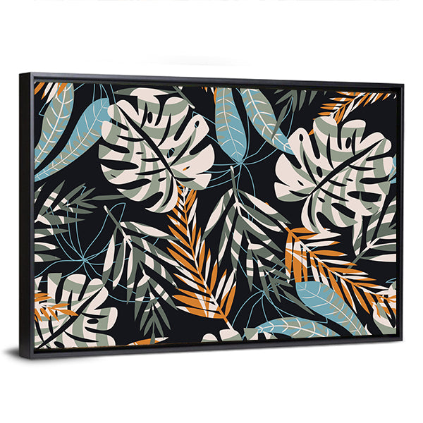 Tropical Jungle Pattern Canvas Wall Art in black, orange and green, framed canvas, product view on a white background