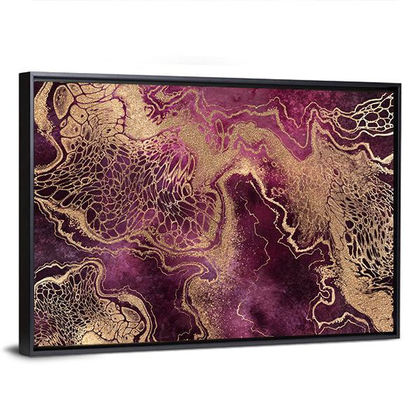 Gold Veined Marble Abstract Canvas Wall Art in gold and purple, framed canvas, product view on a white background