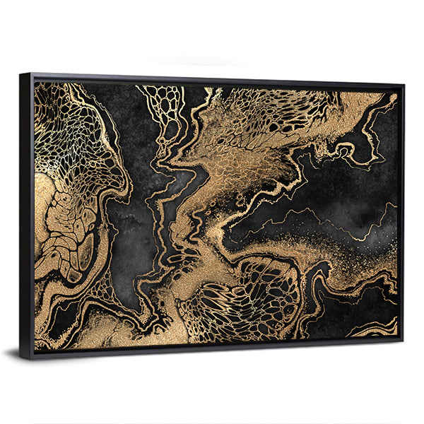 Gold Veined Marble Texture Canvas Wall Art in black and gold, framed canvas, product view on a white background