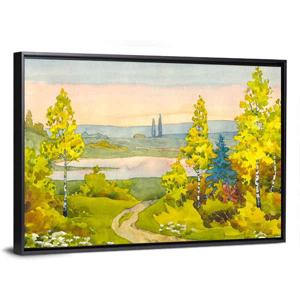 Watercolor Path to the Lake Canvas Wall Art