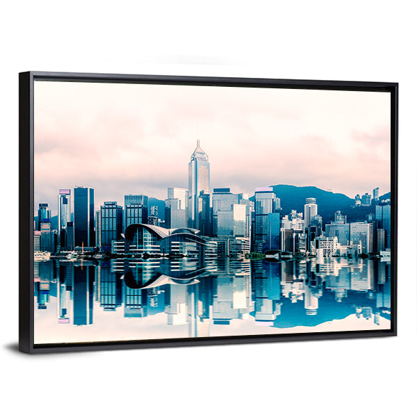 Hong Kong Cityscape At Victoria Harbour Canvas Wall Art in white, blue and pink, framed canvas, product view on a white background