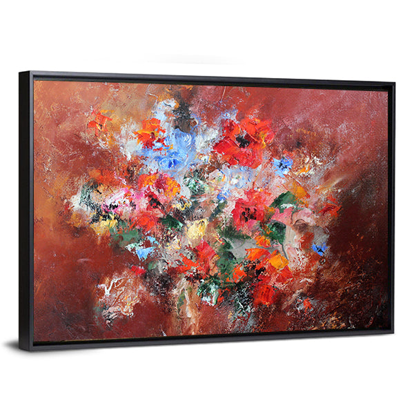 Abstract Bouquet with Red Poppies Canvas Wall Art in brown, red and multicolor, framed canvas, product view on a white background