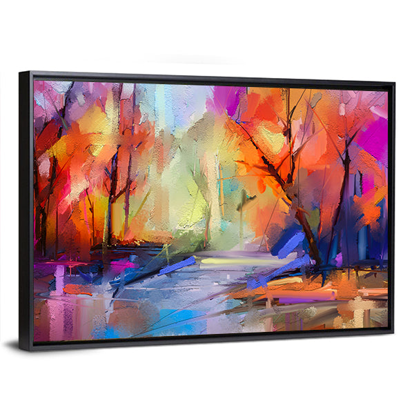 Autumn Forest Path Abstract Canvas Wall Art in orange, purple and multicolor, framed canvas, product view on a white background