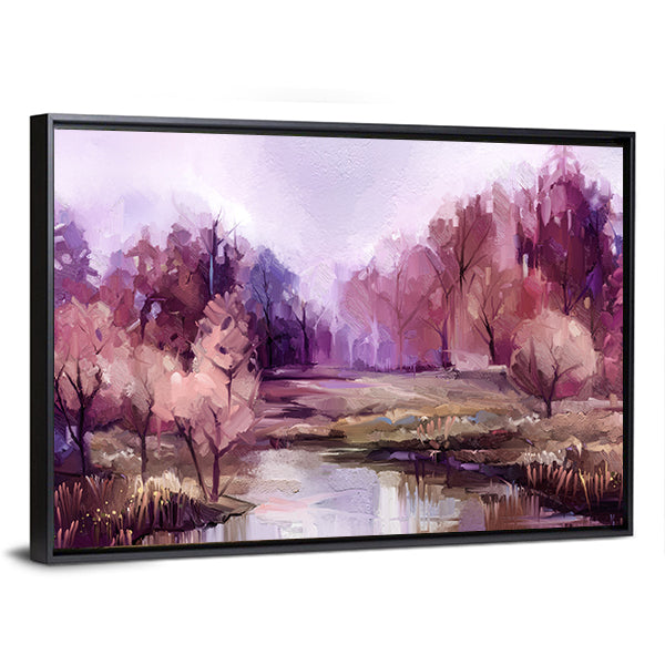 Autumn Forest Lake in Lavender Hues Canvas Wall Art