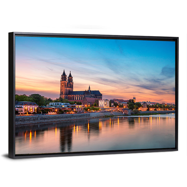 Magdeburg City And Elbe River At Sunset In Germany Canvas Wall Art