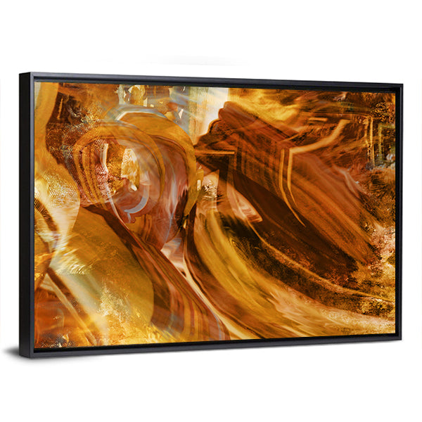 Amber and Gold Abstract with Layered Textures Canvas Wall Art in brown, gold and orange, framed canvas, product view on a white background