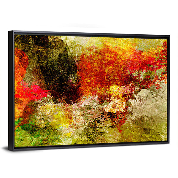 Acrylic Abstract with Central Dark Mass Canvas Wall Art in orange, yellow and multicolor, framed canvas, product view on a white background