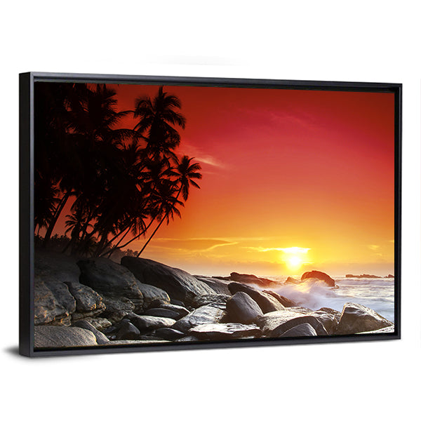 Sunset Over Sea Beach In Sri Lanka Canvas Wall Art