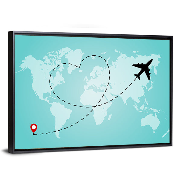 World Map with Airplane and Heart Flight Path Canvas Wall Art