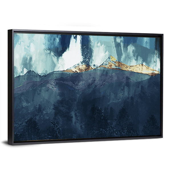 Abstract Mountain Range at Golden Dusk Canvas Wall Art in gold, blue and navy, framed canvas, product view on a white background