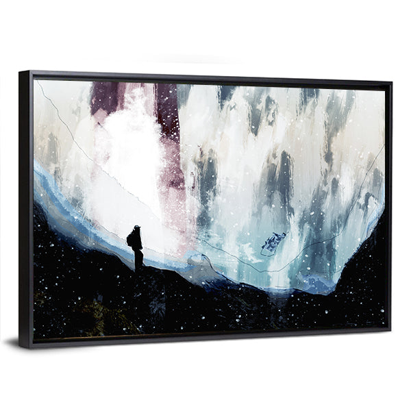 Lone Hiker Beneath Starlit Rift Canvas Wall Art in black, white and blue, framed canvas, product view on a white background