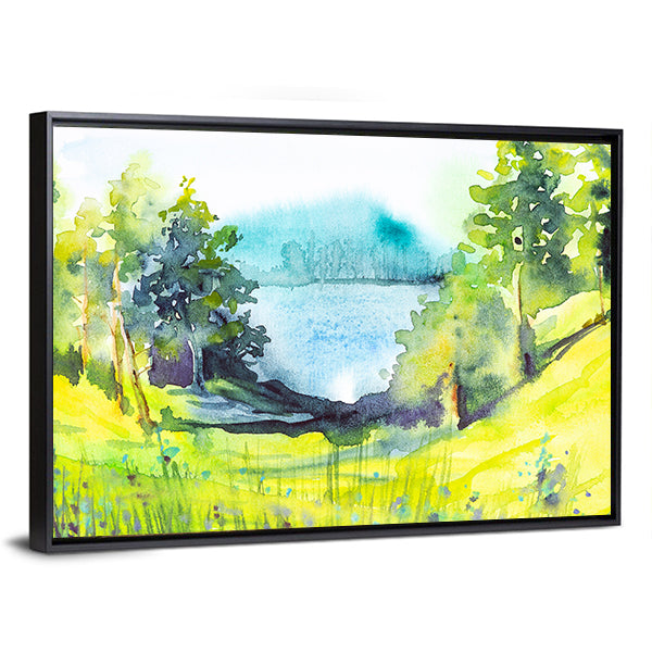 Watercolor Forest By Lake Canvas Wall Art