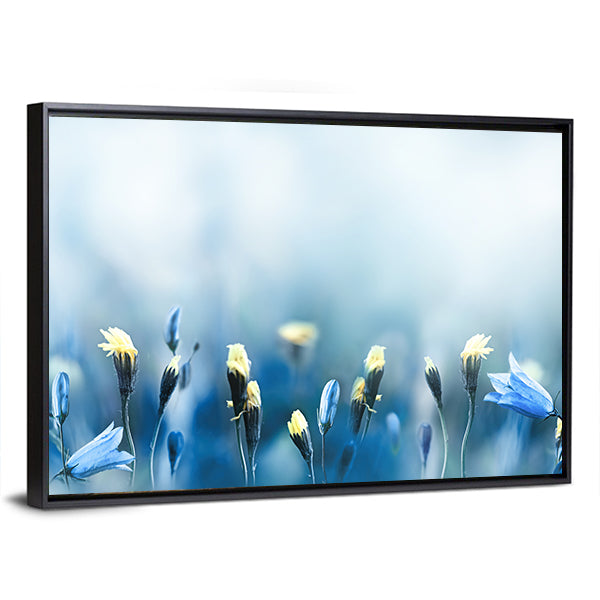 Yellow Dandelions Canvas Wall Art in white, yellow and blue, framed canvas, product view on a white background