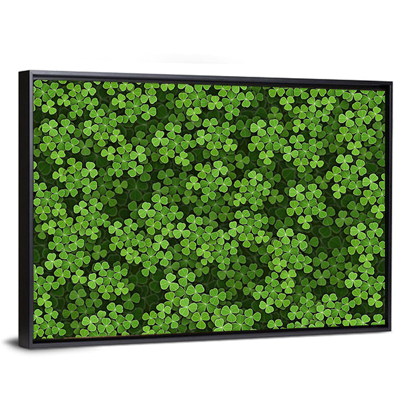 Layered Green Shamrock Illustration Canvas Wall Art in green, framed canvas, product view on a white background