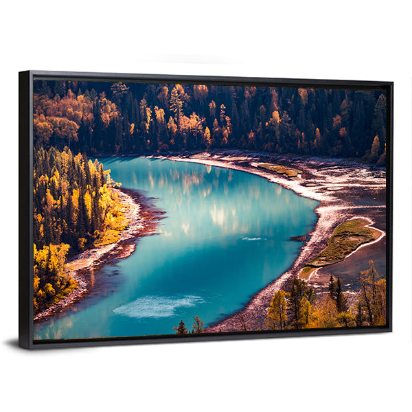 Xinjiang Kanas River In China Canvas Wall Art in green, turquoise and blue, framed canvas, product view on a white background