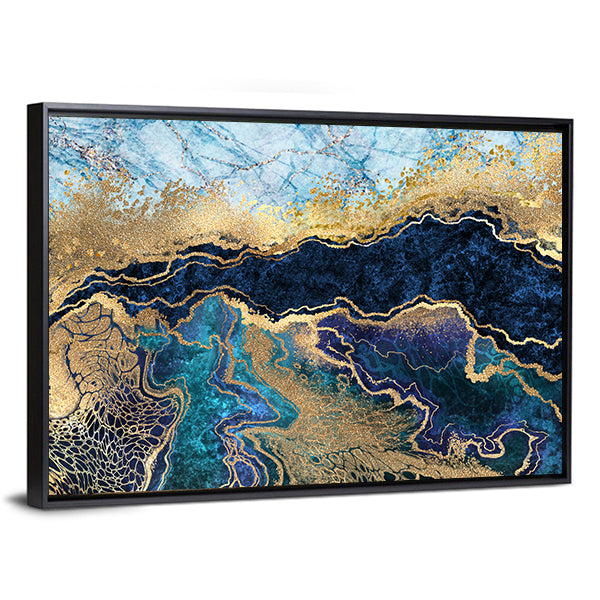 Artificial Marbled Surface Canvas Wall Art in gold, blue and navy, framed canvas, product view on a white background