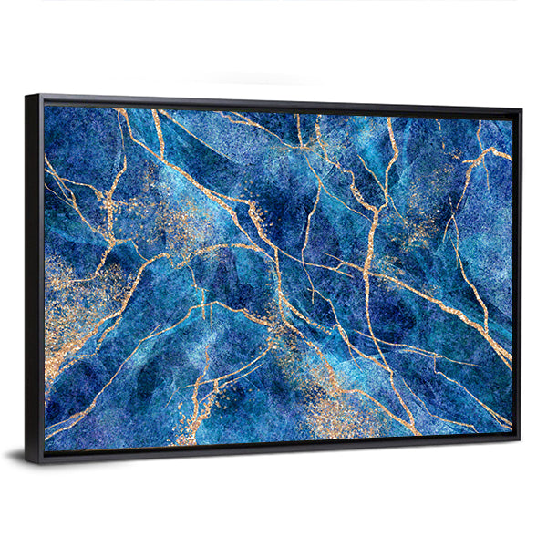 Indigo Stone with Metallic Gold Veins Canvas Wall Art in gold, blue and navy, framed canvas, product view on a white background