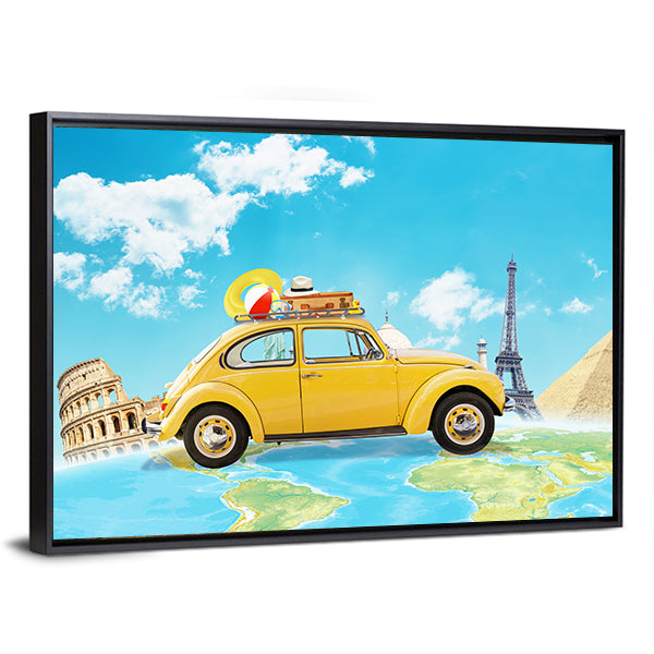 Yellow Vintage Car Over World Map Canvas Wall Art in white, yellow and blue, framed canvas, product view on a white background