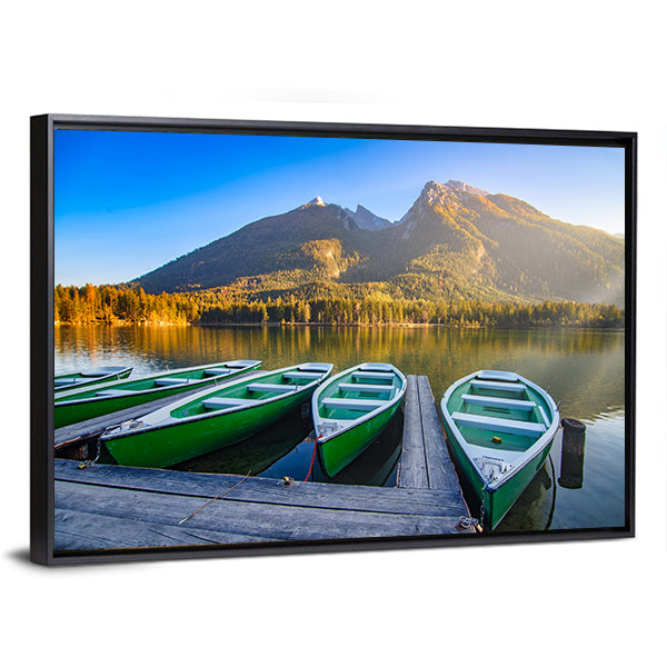 Green Rowboats on Mountain Lake Canvas Wall Art