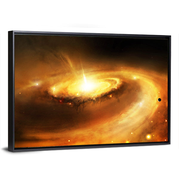 Galaxy Core in Space Canvas Wall Art in black, orange and yellow, framed canvas, product view on a white background