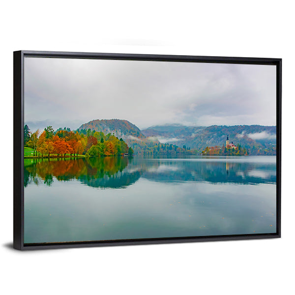 Autumn at Bled Lake, Slovenia Canvas Wall Art in gray, orange and blue, framed canvas, product view on a white background